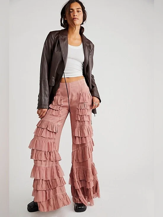 Free People Rock & Frill Trousers Mauve Pink Large Ruffle Tiered