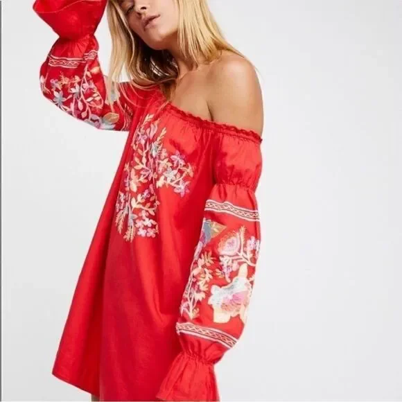 Free People Fleur Du Jour Embroidered Mini Dress in Red