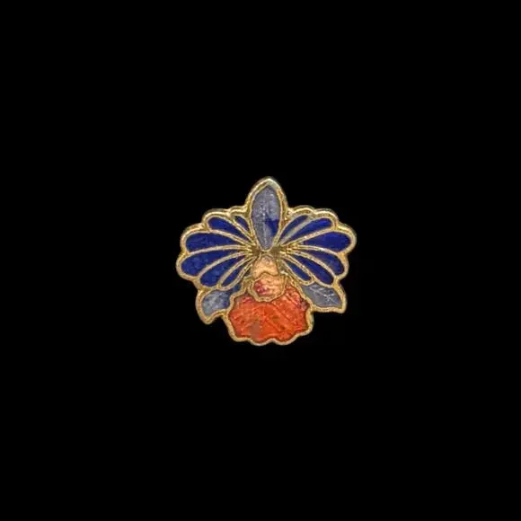 Vintage 1970s Cloisonné Enamel Orchid Blossom Gold Tone Mini Pendant