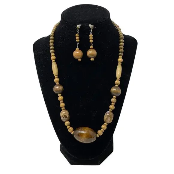 Handmade Artisan Wooden Beaded Necklace + Dangle Drop Earring Set Brown