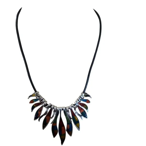 Multicolor Enamel‎ Silver Tone Leaf Bib Statement Necklace Black Cord Boho