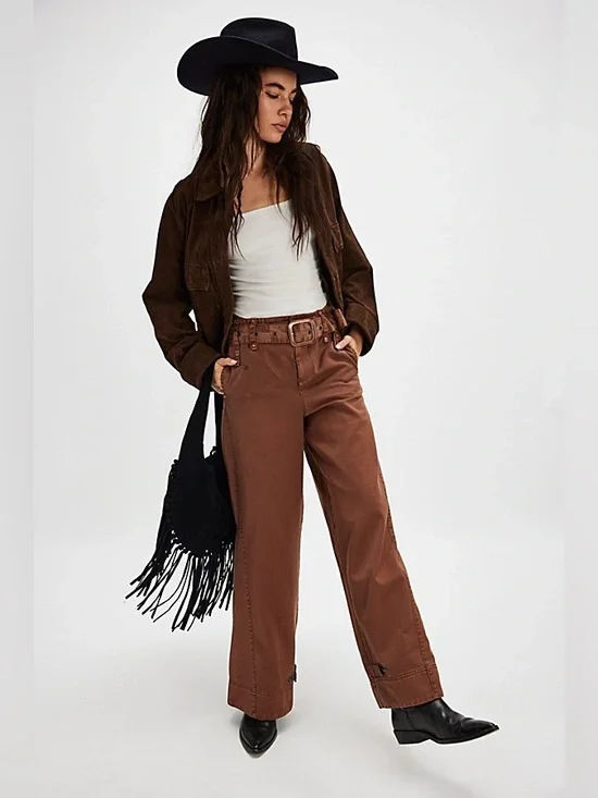 Free People Sloane Slouch Pants Brown Wide Leg Belted Medium