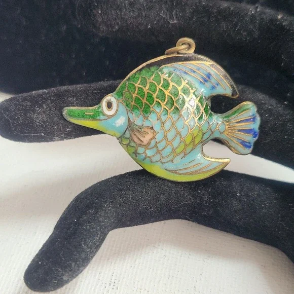 Vintage‎ Cloisonne Enamel Fish Pendant Blue Green Tropical Charm Double Sided