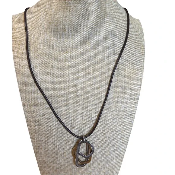Artisan Mixed Metal Interlocking Rings Cord Necklace Silver‎ Brass Tone Boho