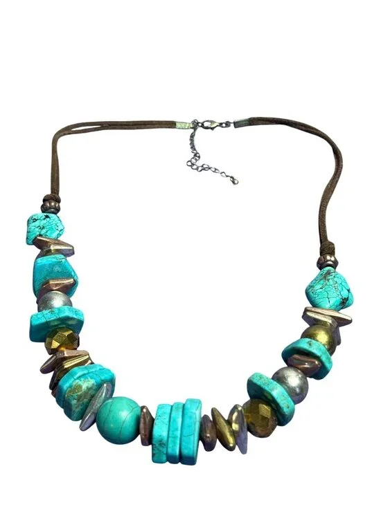 Dyed Howlite Stone Faux Turquoise 3 Tone Metal Beaded Suede Double Cord Necklace