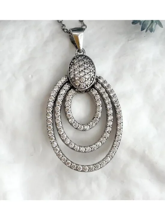 Triple Oval Sterling Silver Pave Bridal 925 Vintage Pendant Necklace - 18