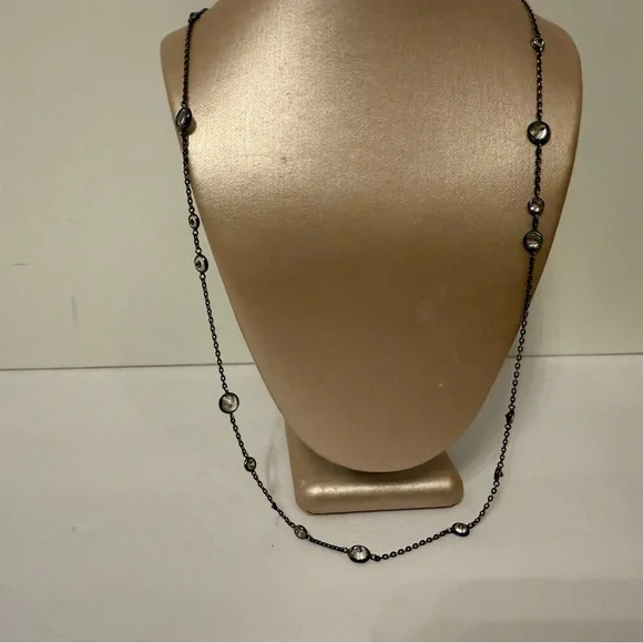 SILPADA OXIDIZED STERLING SILVER 925 LONG CHAIN STATION BEZEL CZ CUBIC ZIRCONIA