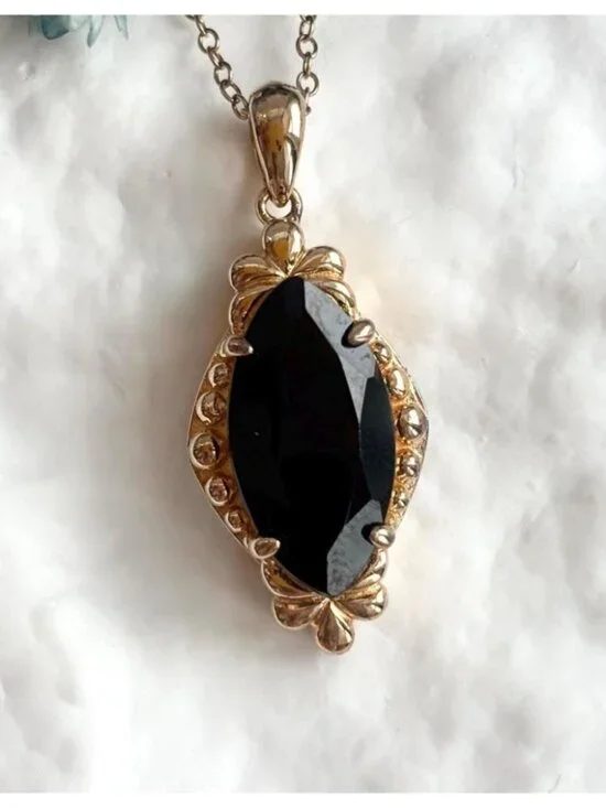 Onyx Marquise Cut Vermeil Sterling Silver 925 Vintage Pendant Necklace - 18