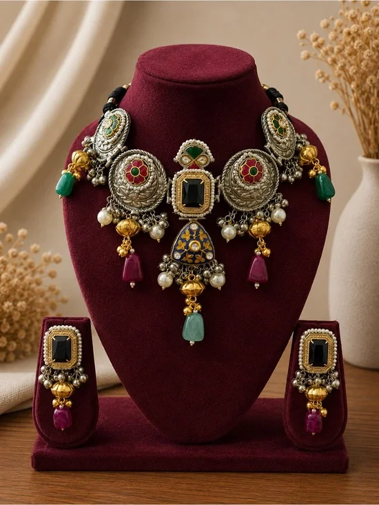Traditional Multicolor Stone & Silver-Tone Necklace Set - Women Jewelry