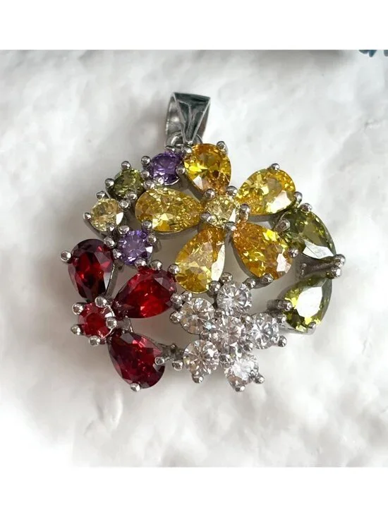 Floral Rainbow Peridot, Citrine, Garnet & CZ Gemstone Vintage Pendant | Charm