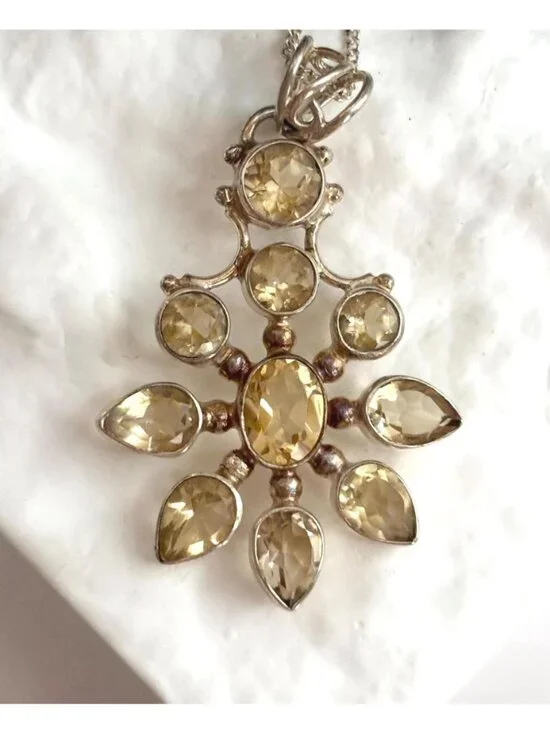 Snowflake Shaped Citrine Sterling Silver 925 Vintage Pendant Necklace - 18