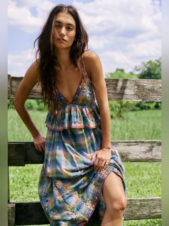Free People Songs of Summer Boho Floral Plaid Tiered Maxi Dress — Blue Multi
