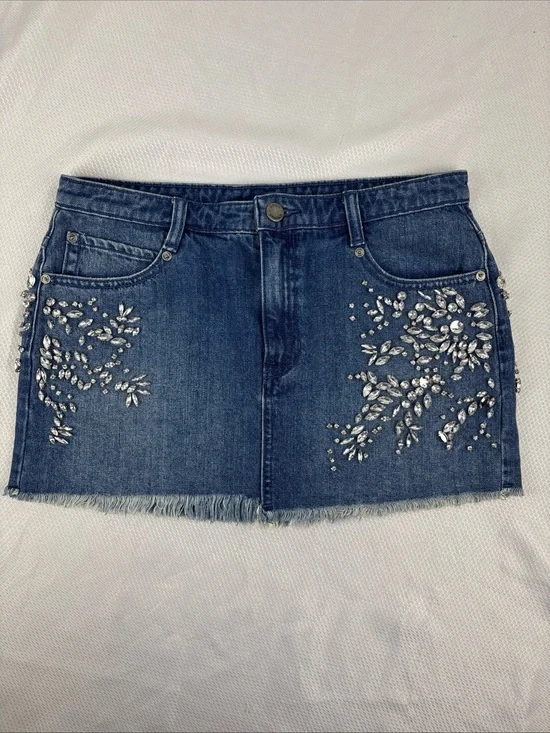 Free People Sparkle Denim Jean Mini Skirt Size 4 Rhinestone Bling Y2K Cotton 90s