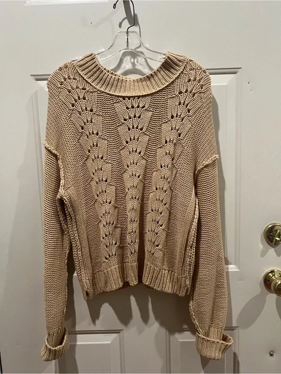 Free People Beige Open Knit Scoop Neck Sweater