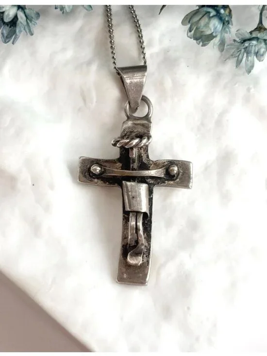 Modernist Crucifix Mexico Sterling Silver 925 Vintage Pendant Necklace - 18