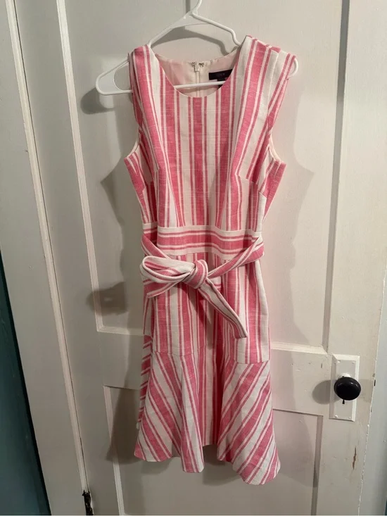 J. Crew Red and White Striped Linen Blend Flounce Dress