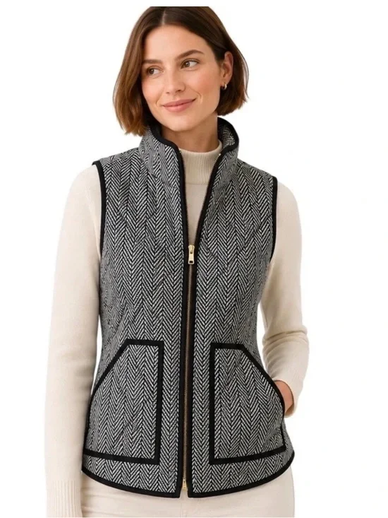 J.Crew Quilted Excursion Vest Women Black White Herringbone Size M