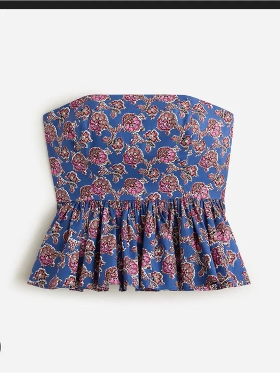 J. Crew Blue Floral Strapless Peplum Camisole