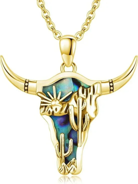 Women's Gold B Sterling Turquoise Pendant Highland Cow Skull Western Necklace