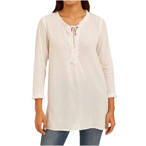 J Crew Womens Airy Popover Shirt White Gauzy V Neck Ruffle Pocket L