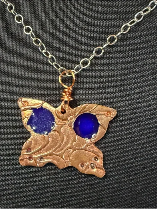 Copper Blue Enamel Butterfly Sterling Silver Artisan Crafted Necklace