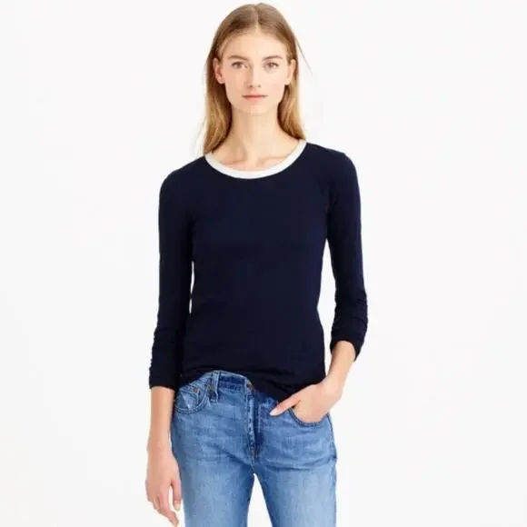 J. Crew Shimmery Leather Trim Collar Blue Painter T-Shirt Medium