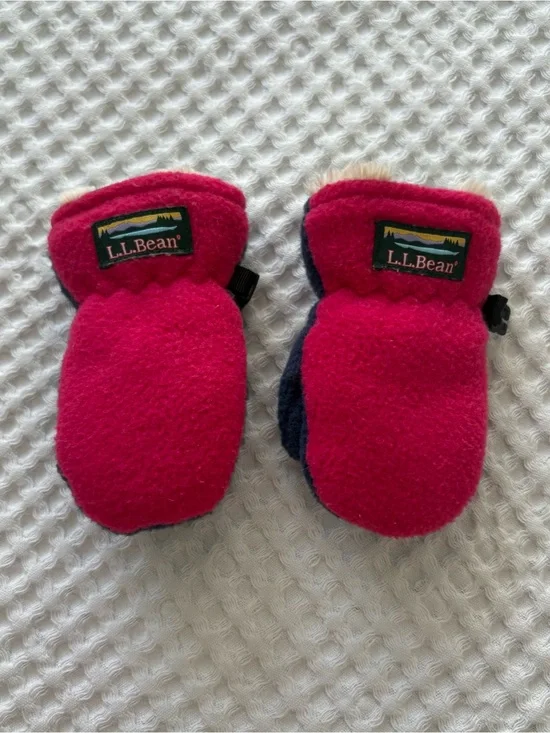 L.L. Bean Baby Fleece Mittens Pink Navy Sherpa Lined Snap 6-12M