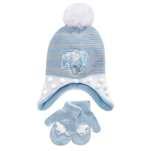 Berkshire Girls 2 Piece Frozen Hat Mittens Set New with Tags Blue Ear Flaps Poms