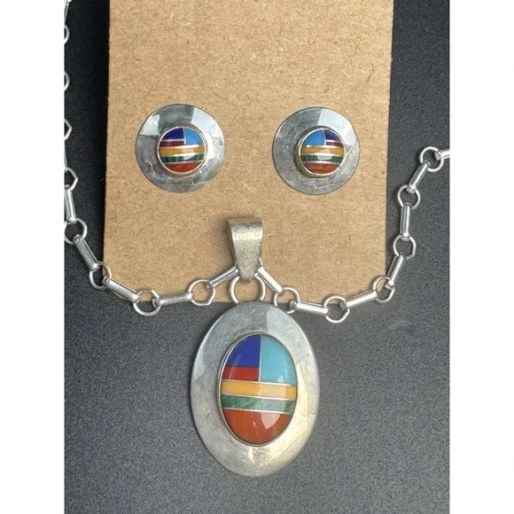 Ella Peter Sterling Multistone Inlay Pendant Earrings Set 24