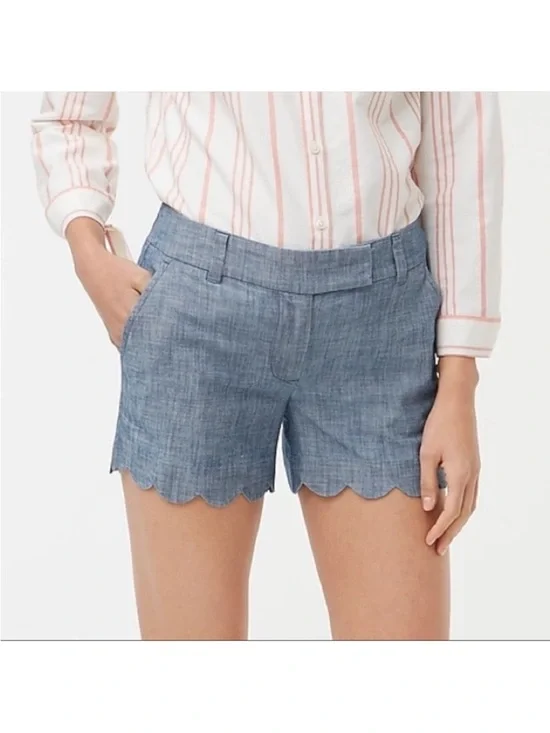 J. Crew Blue Chambray Women’s Linen Shorts with Scalloped Hem