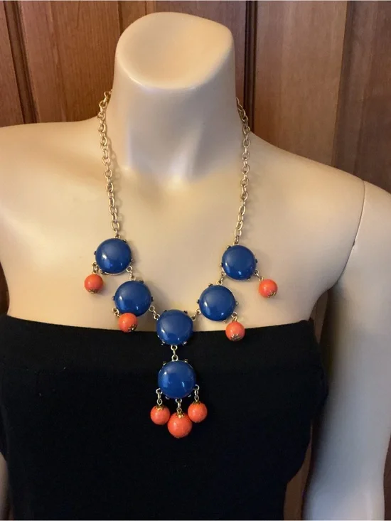 Bold , fun Blue and Coral Statement Bib Necklace - Gold ton Chain