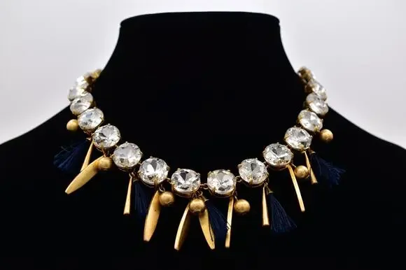 Ann Taylor Vintage Crystal Collar Necklace Dangle Navy Brushed Gold Chunky BinBL
