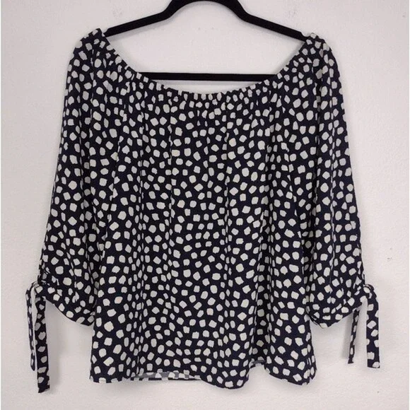 J Crew Blouse Navy/White 3/4 Tie Sleeve Elastic Neck Oversized Sz S Career