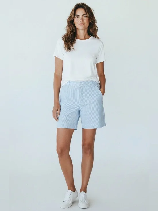 J Crew Women’s Size 6 Low Fit Blue White Striped Chino Shorts Crepe