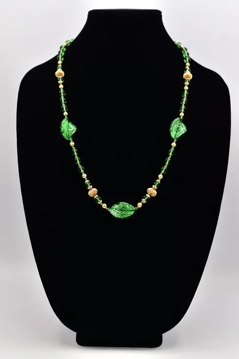 Vintage Artisan Glass Beaded Necklace Green Leaf Gold Fall Autumn 1980s BinBL