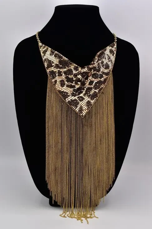 Vintage Chainmail Bib Collar Necklace Fringe Multi-Chain Leopard Gold 70s BinBL