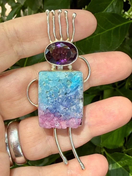ARTISAN CRAFTED AMETHYST & QUARTZ DRUZY PENDANT NECKLACE STERLING SILVER UNIQUE