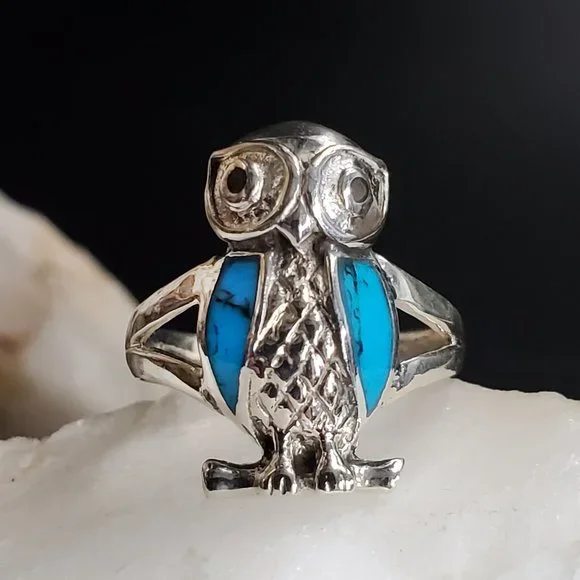 Sterling Silver 925 Ring Turquoise Stone Owl Jewelry Bird Designer Jewelry