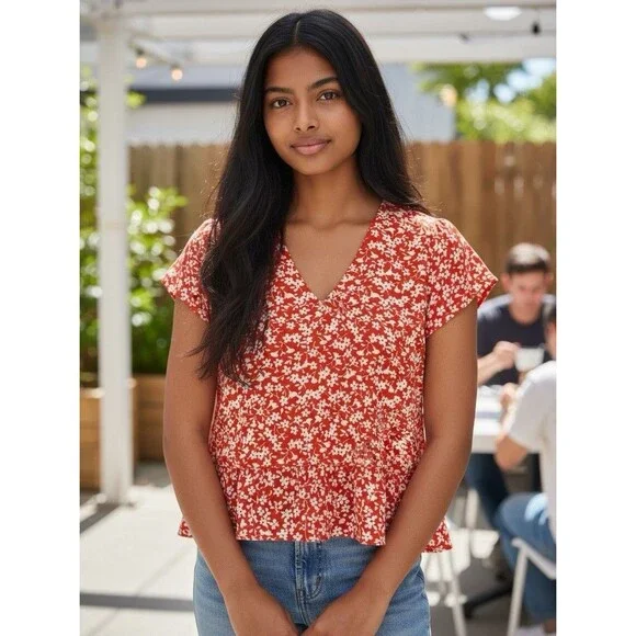 J.Crew Mercantile Women Floral Peplum Blouse V-Neck Short Sleeve Red White XS