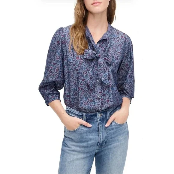 J.Crew Liberty Fabric Women's Blue Floral Button Front Cotton Shirt Medium M