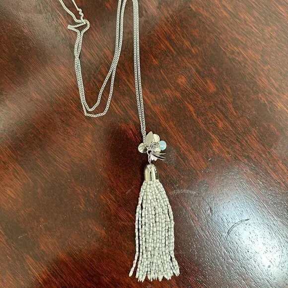 NWOT LOFT long tassel necklace w/ white colored beads, silver tone chain