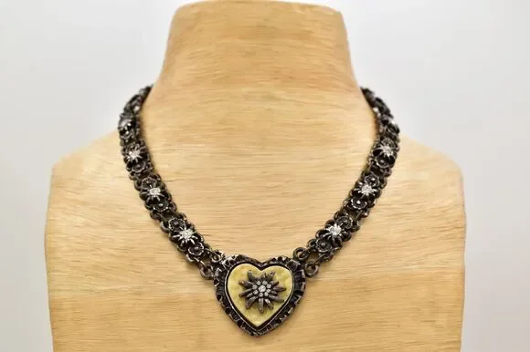 Vintage Heart Collar Necklace Chunky Crystal Linked Rustic Heavy 1990s BinBL