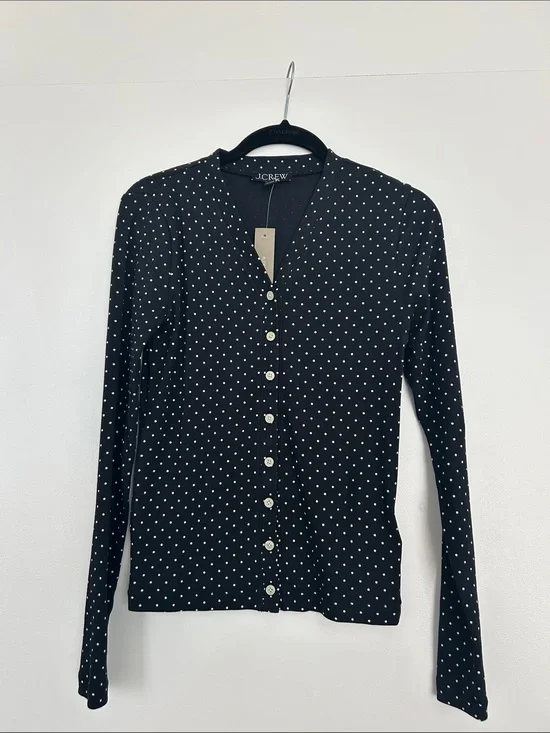 NWT J. Crew Black Polka Dot Button-Front Long Sleeve Top