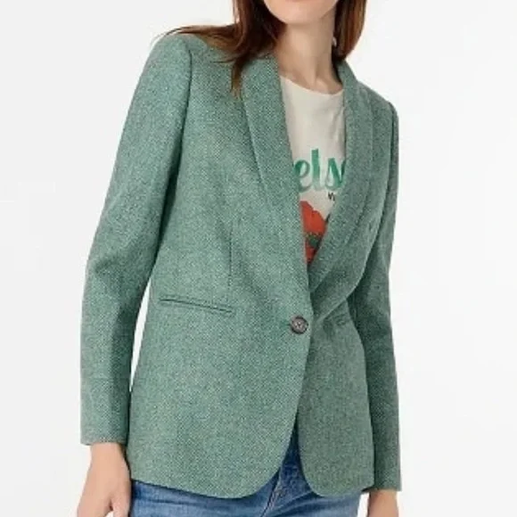 J. Crew FA24 Hollander Blazer Wool Blend in Green Herringbone Office Preppy Work