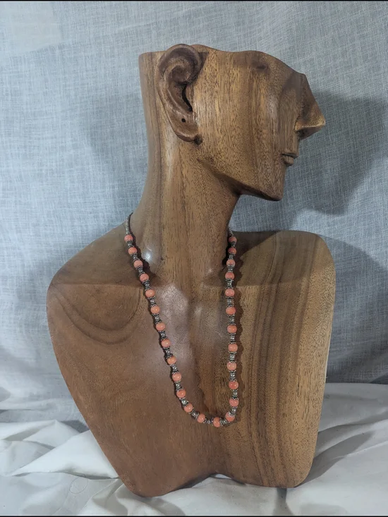 Handcrafted Coral Glass Bead Necklace with Sterling Silver Accents Women Jewelry