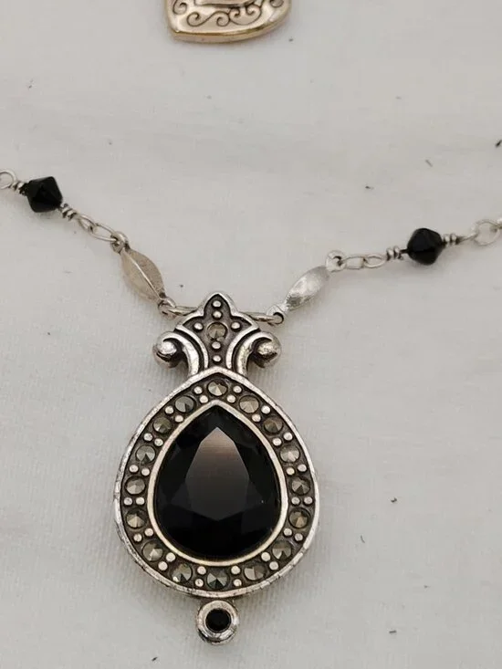 Vintage Brighton Reversible Jet Black Pendant Necklace w/ Marcasite Accents