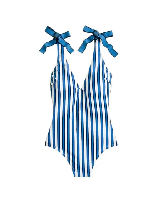 J. Crew tie shoulder one piece in cabana stripe swimsuit blue white retro Pinup