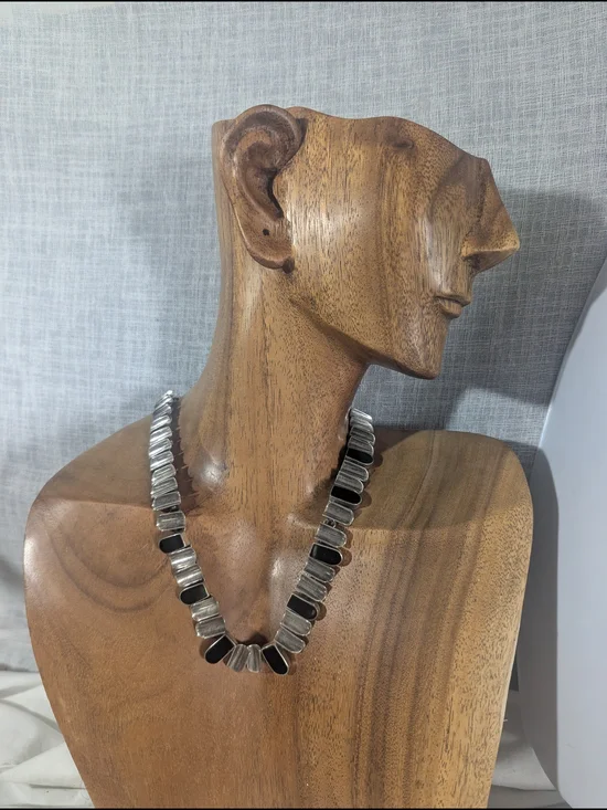 Sterling Silver and Black Onyx Stone Link Necklace Fingernail Maximalist Jewelry