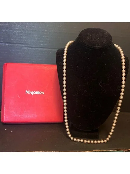 Majorica Simulated Pearl Necklace 30-Inch Strand Silver  Pearls & Red Box VTG