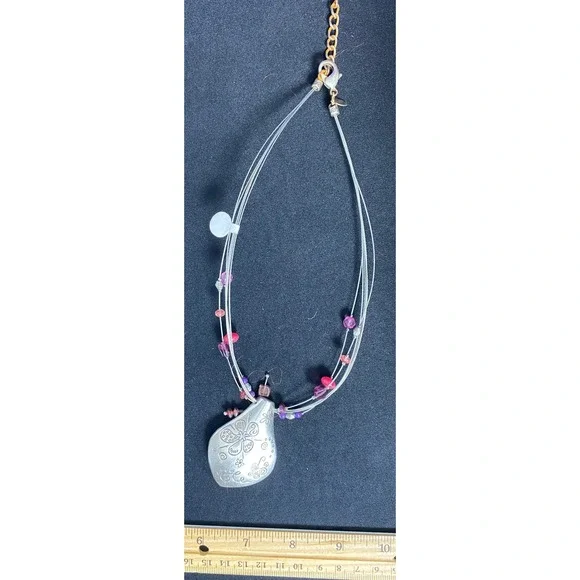 Silver Tone Pendant Necklace with Multi Color Beads and Gold Chain Accent‎